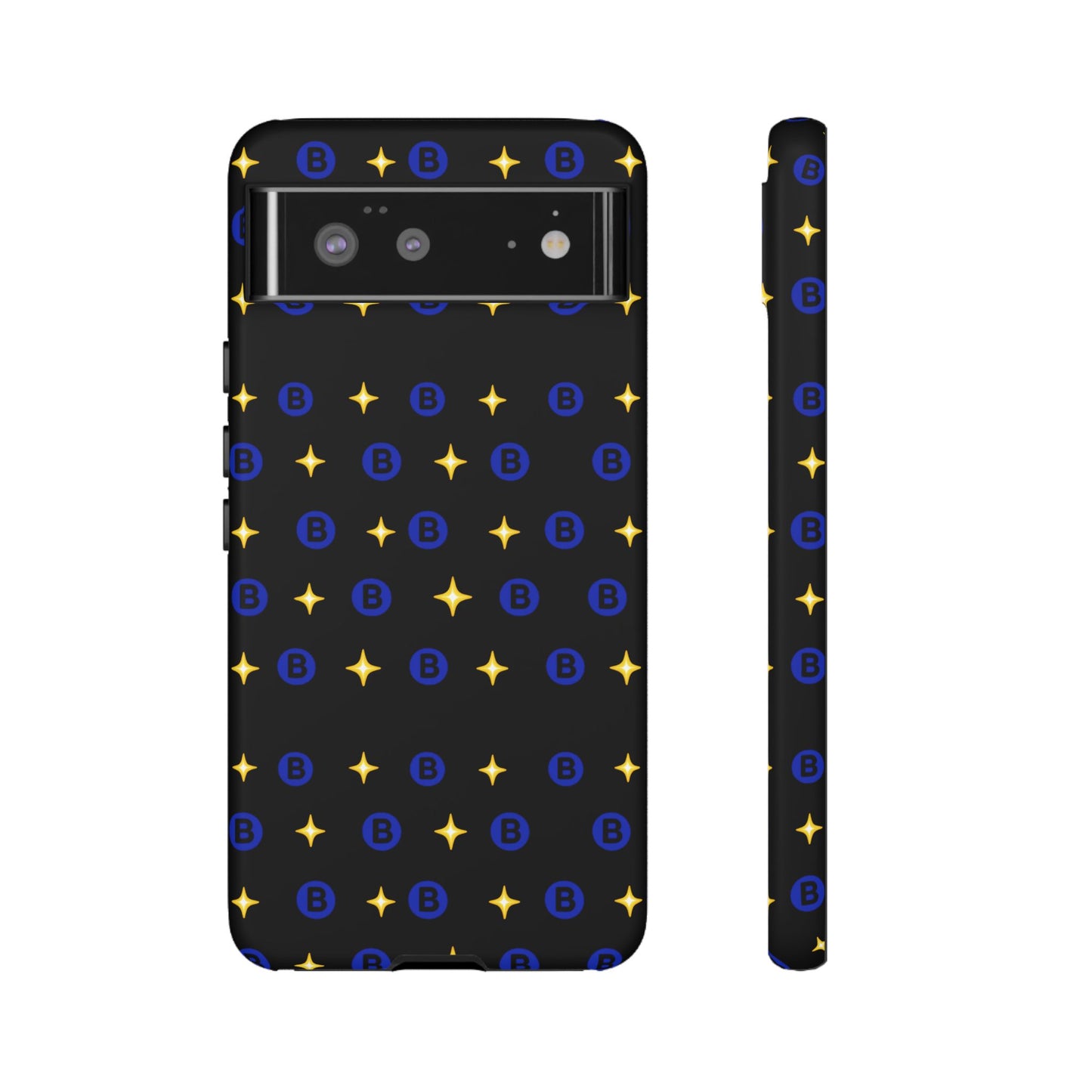 Bitcoin Pattern Tough Phone Case — Blue B Logo & Gold Stars Protective Cover