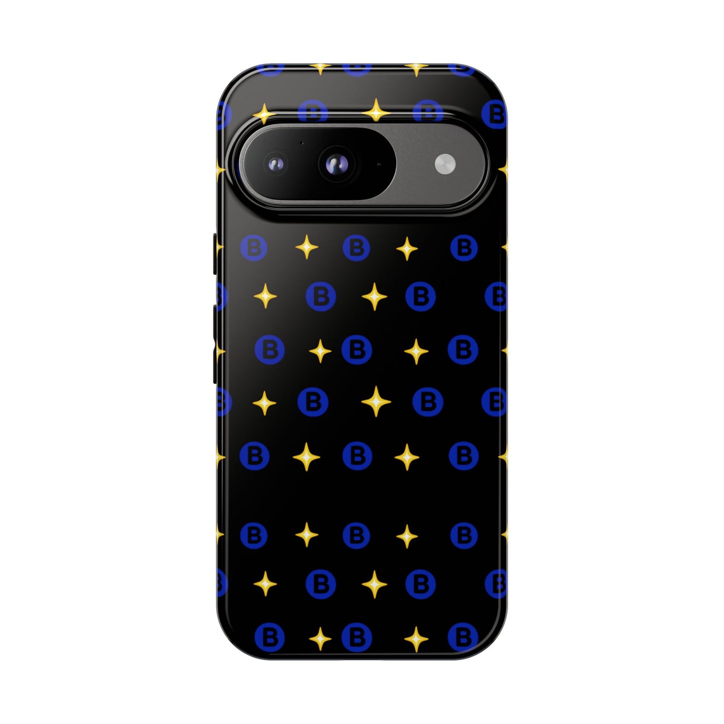 Bitcoin Pattern Tough Phone Case — Blue B Logo & Gold Stars Protective Cover