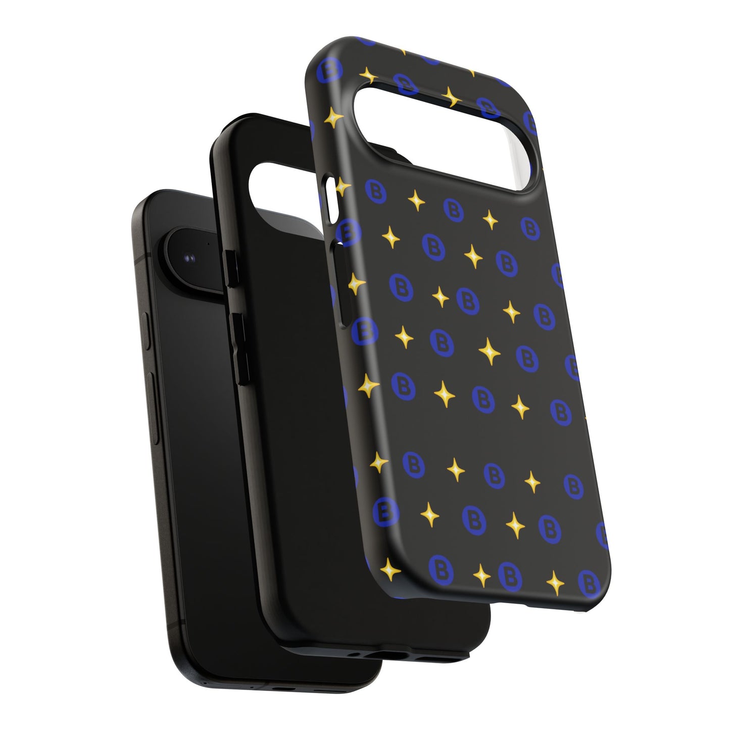 Bitcoin Pattern Tough Phone Case — Blue B Logo & Gold Stars Protective Cover