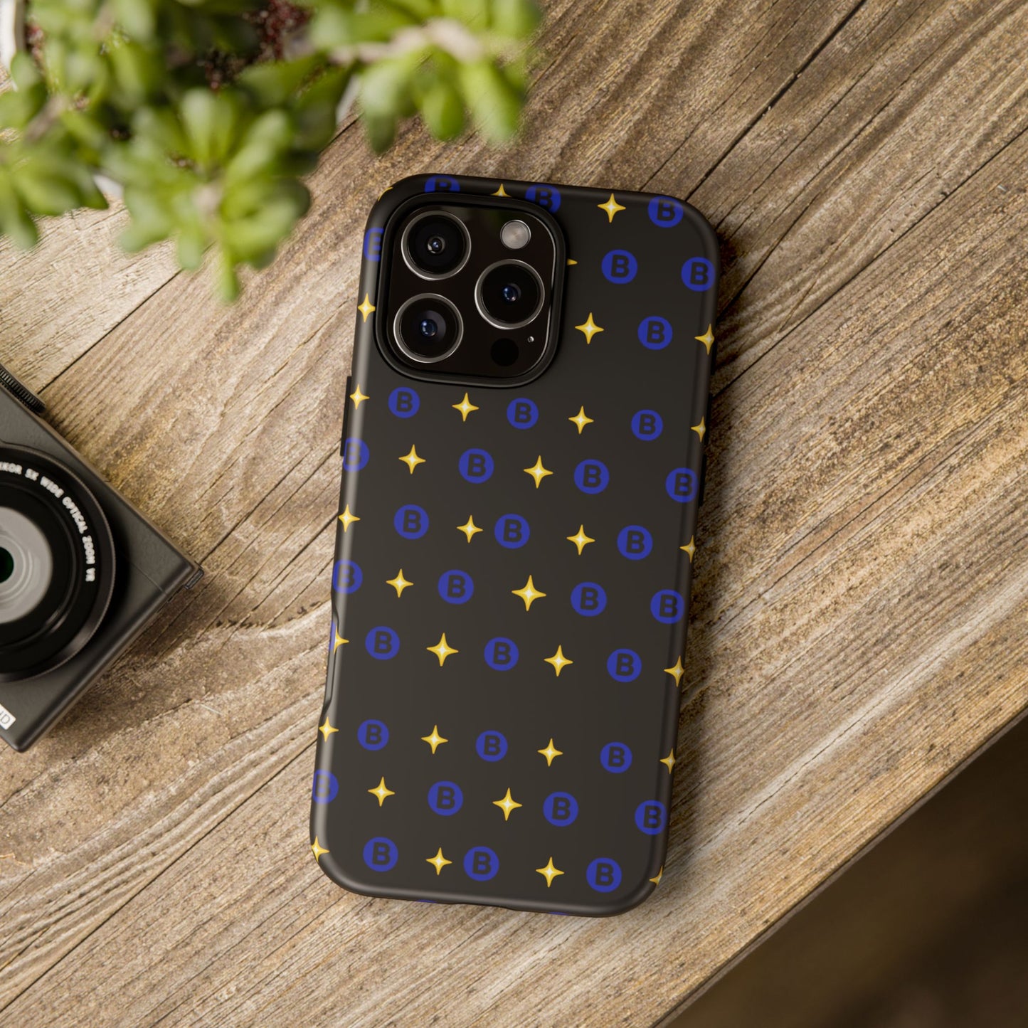 Bitcoin Pattern Tough Phone Case — Blue B Logo & Gold Stars Protective Cover