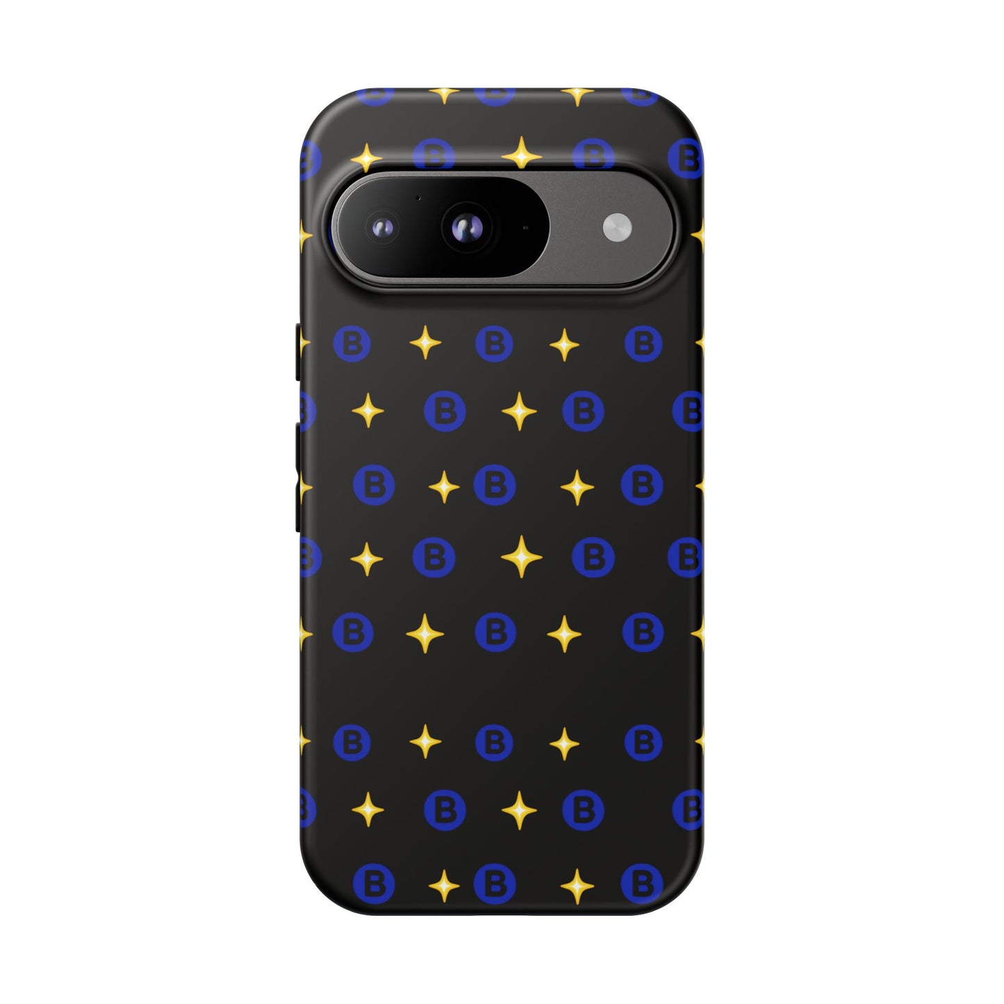 Bitcoin Pattern Tough Phone Case — Blue B Logo & Gold Stars Protective Cover