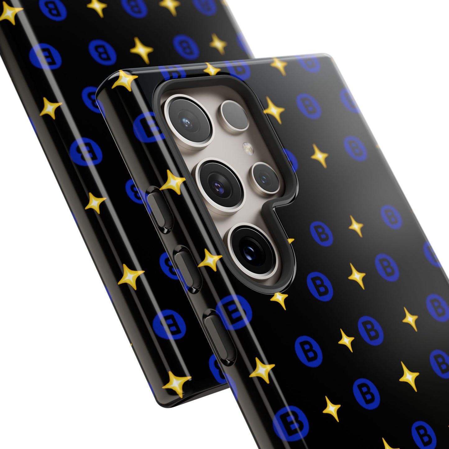 Bitcoin Pattern Tough Phone Case — Blue B Logo & Gold Stars Protective Cover