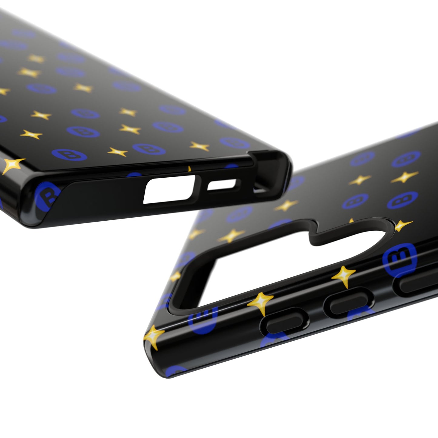 Bitcoin Pattern Tough Phone Case — Blue B Logo & Gold Stars Protective Cover
