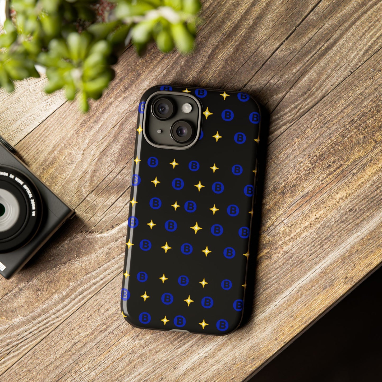 Bitcoin Pattern Tough Phone Case — Blue B Logo & Gold Stars Protective Cover