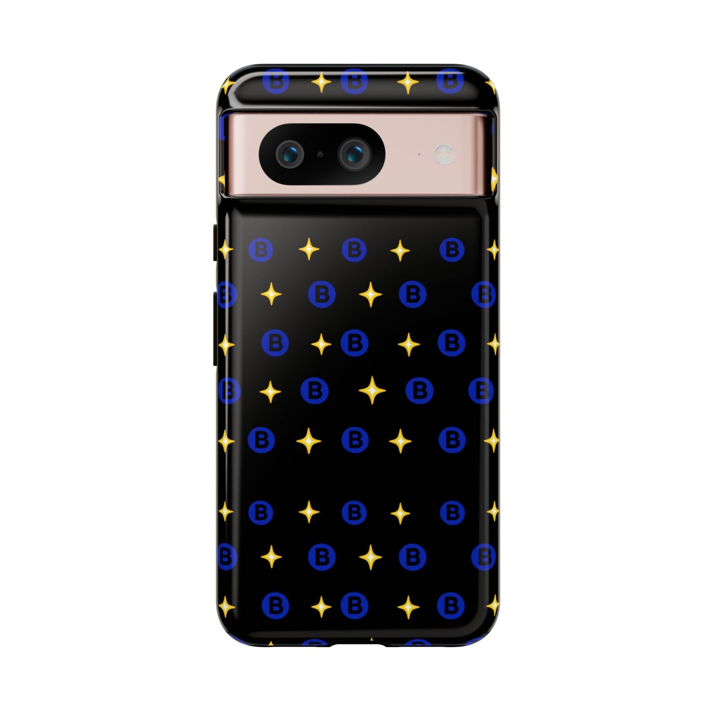 Bitcoin Pattern Tough Phone Case — Blue B Logo & Gold Stars Protective Cover