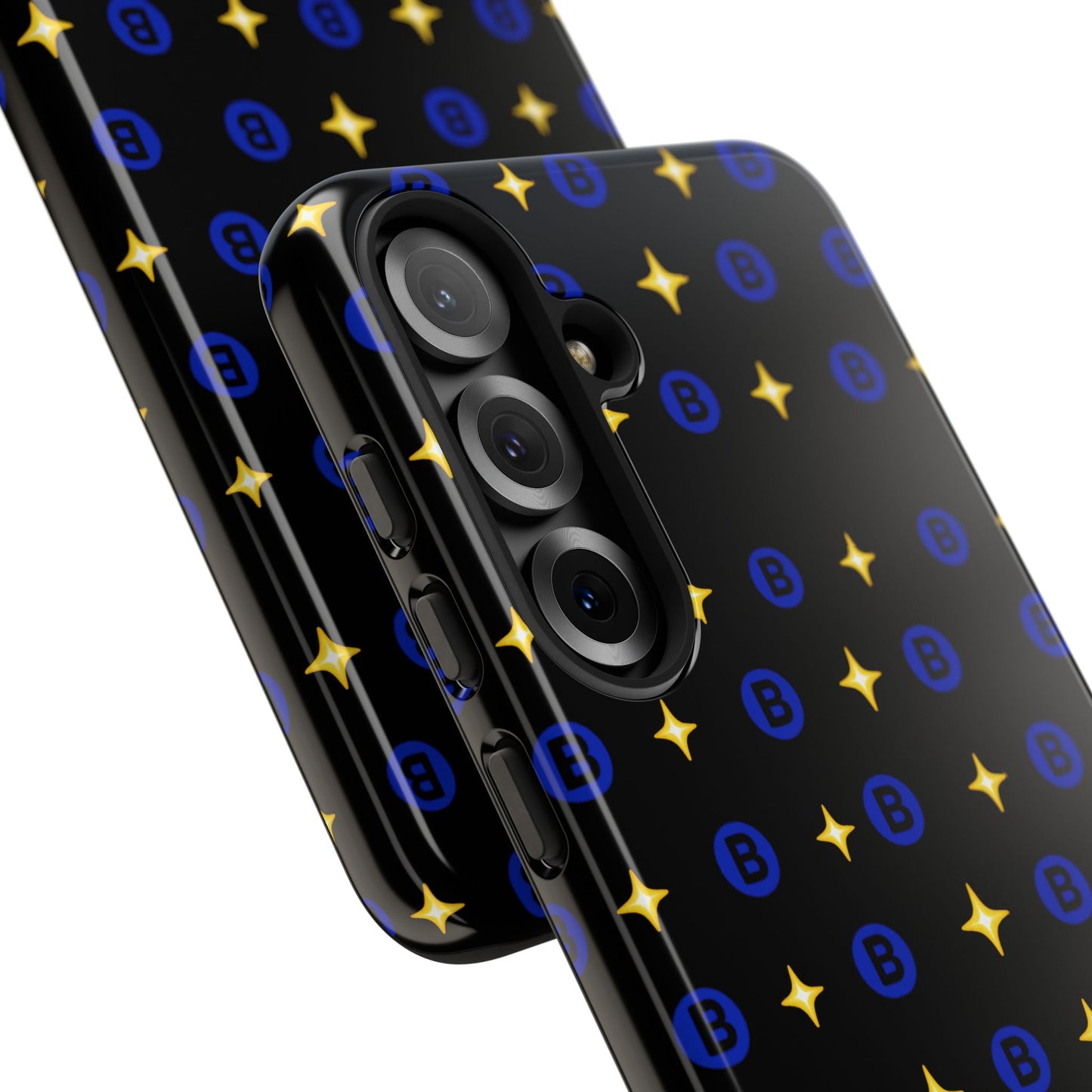 Bitcoin Pattern Tough Phone Case — Blue B Logo & Gold Stars Protective Cover